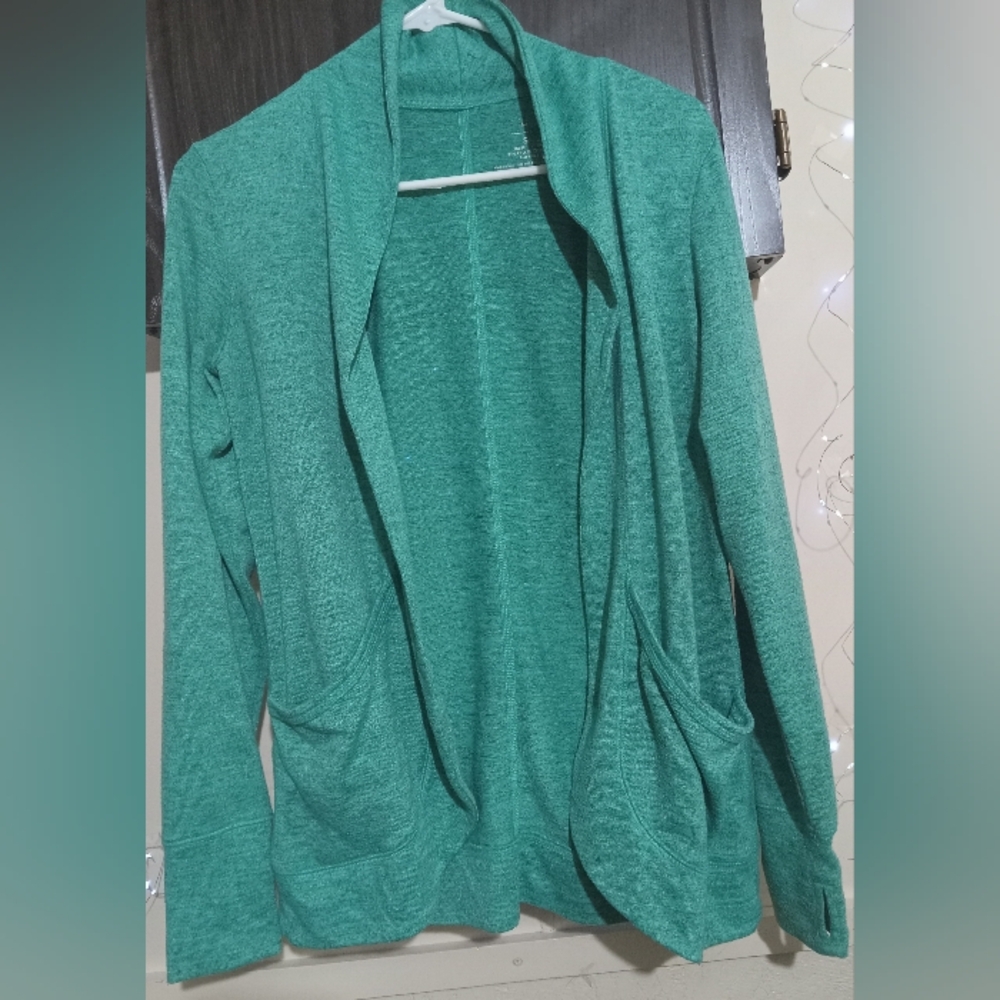 Women's Green Open Front Cardigan, With Thumbholes